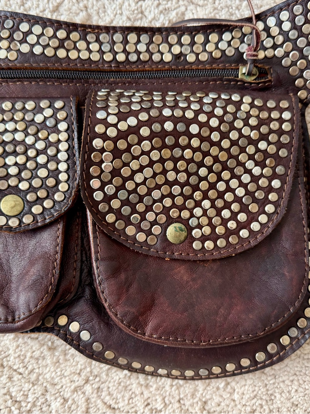 Studded Brown Leather Hip Bag with Belt - Picture 3 of 5
